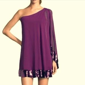 Plum, sequined chiffon one shoulder dress